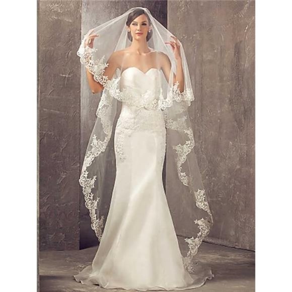 Cathedral Wedding Veil 1 Tier Lace Applique Bridal Veil with Comb (Ivory) - Picture 5 of 8